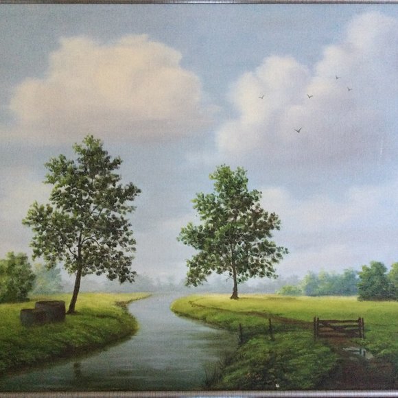 Original painting landscape trees fence wall hanging 22" x 18" home decor framed - Picture 3 of 5